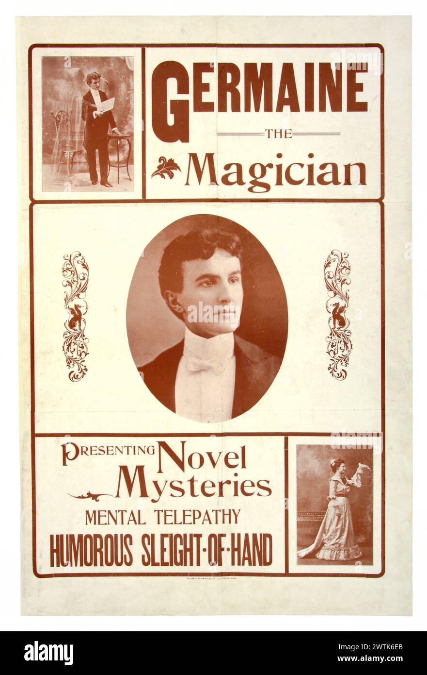 Magic poster - Germaine The Magician Presenting Novel Mysteries, Mental Telepathy and Humorous Sleight of Hand Stock Photo