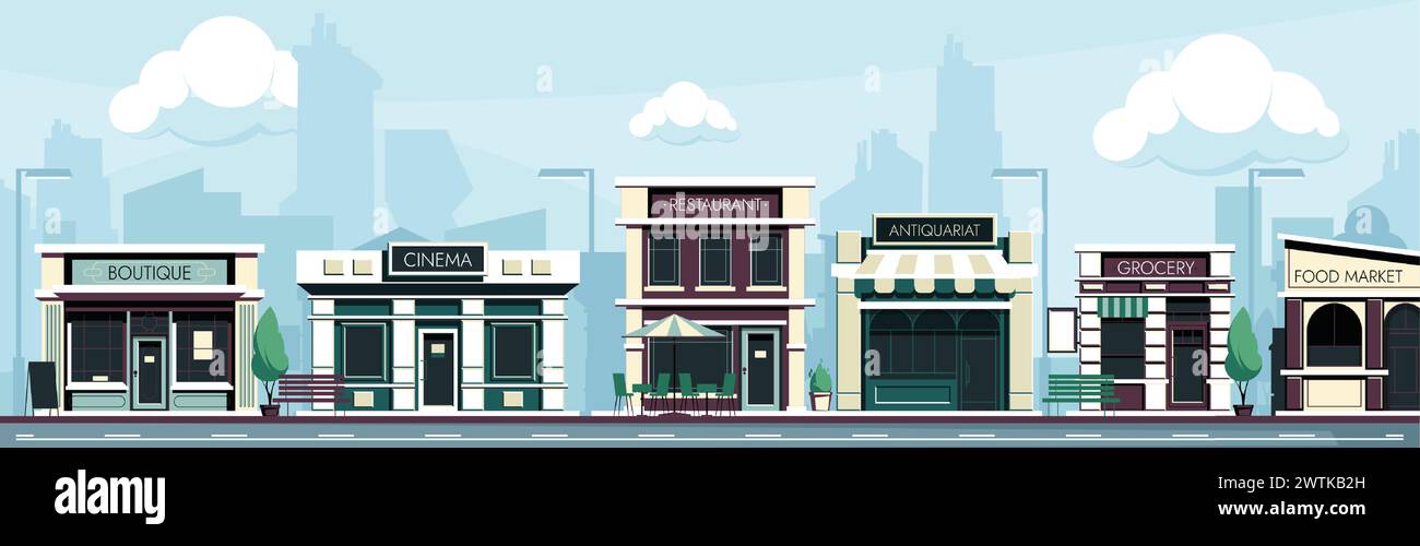 Shopping street. Cartoon city street with stores and cafe, sidewalk with trees and benches, urban landscape with storefronts. Vector illustration Stock Vector