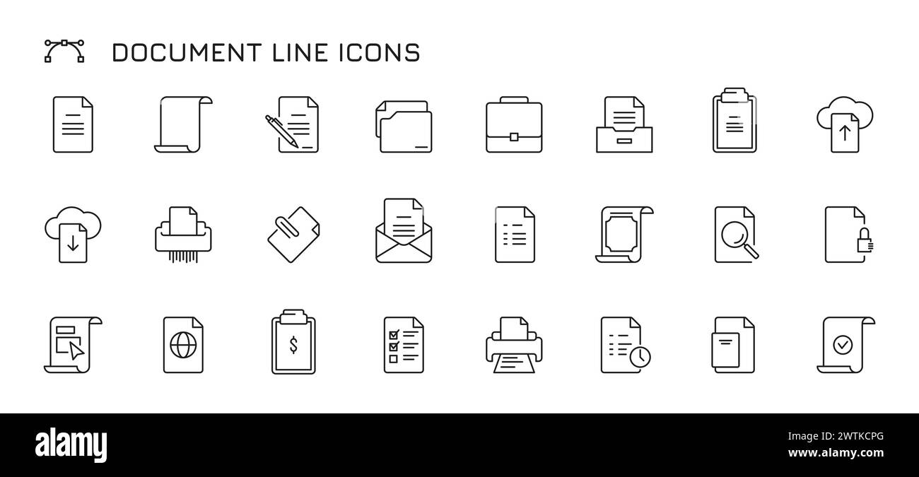 Document line icons. Thin paper and envelope with stamp, legal ...