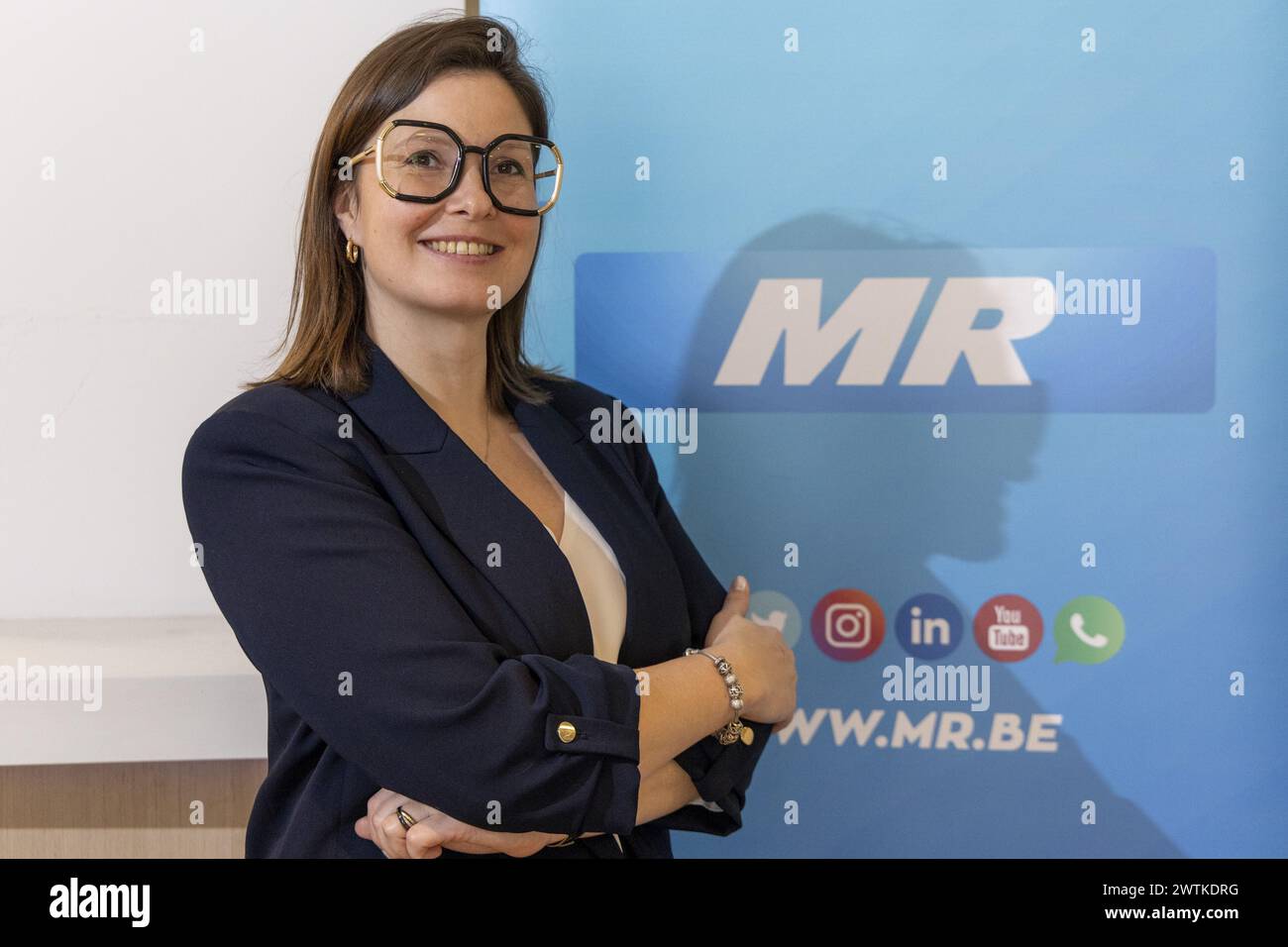Brussels, Belgium. 18th Mar, 2024. Melanie Laroche poses for the photographer during the press presentation of the European list of French-speaking liberal party MR (Mouvement Reformateur), Monday 18 March 2024, in the headquarters in Brussels. BELGA PHOTO NICOLAS MAETERLINCK Credit: Belga News Agency/Alamy Live News Stock Photo