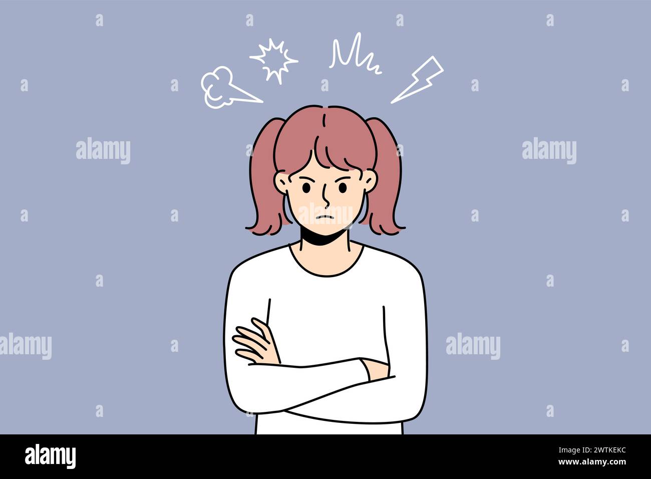 Angry little girl stands with arms crossed and looks at screen with hatred, showing disobedience or resentment. Teenage child needs parental affection to get rid of hatred and negative emotions Stock Vector