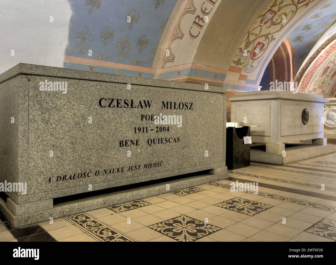 Czeslaw Milosz, grave, Crypt of the Distinguished on Skalka, Saint Michael the Archangel and Saint Stanislaus the Bishop and Martyr Basilica, Krakow, Stock Photo