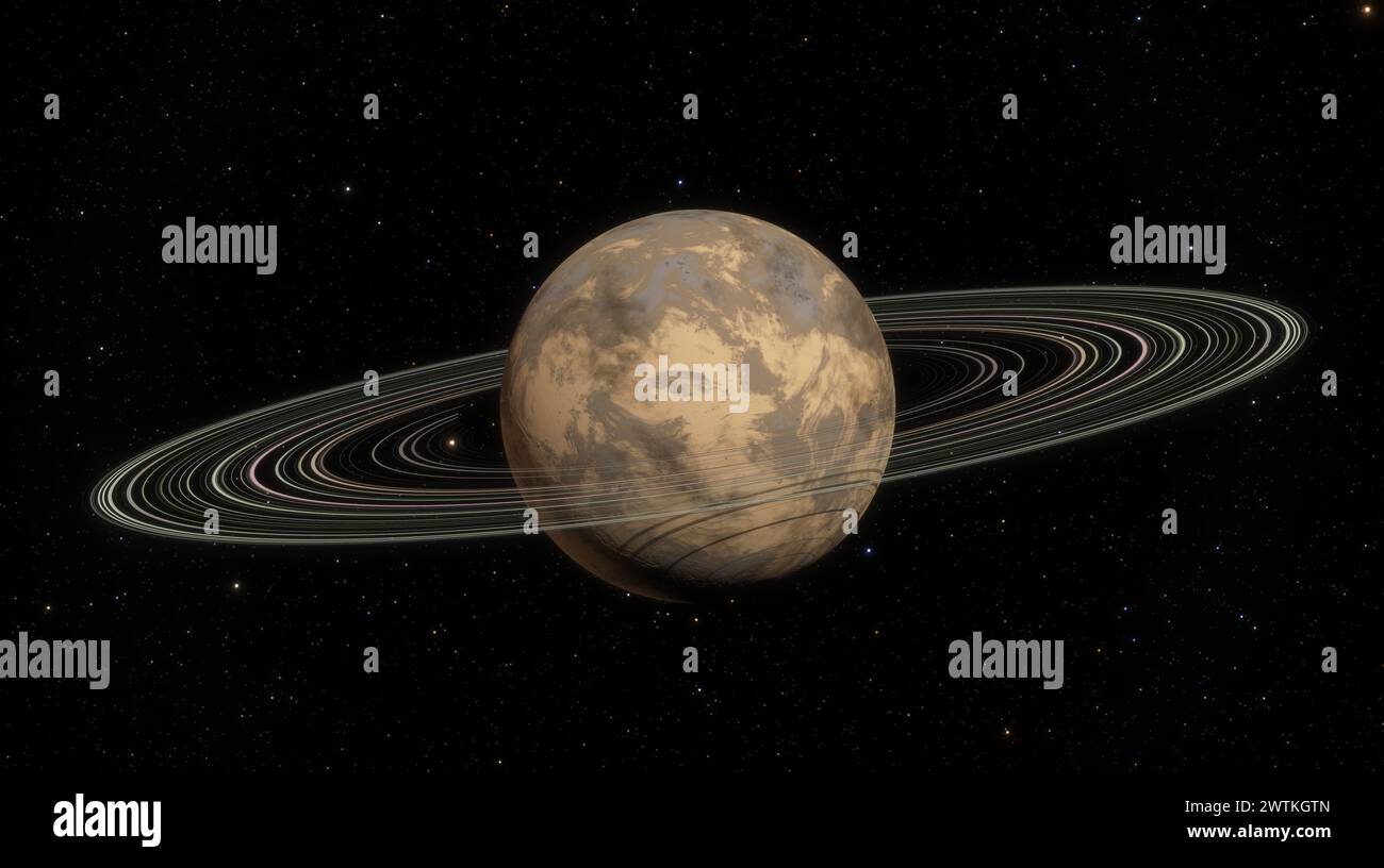 Large ringed planet with intricate rings encircling its marbled brown ...