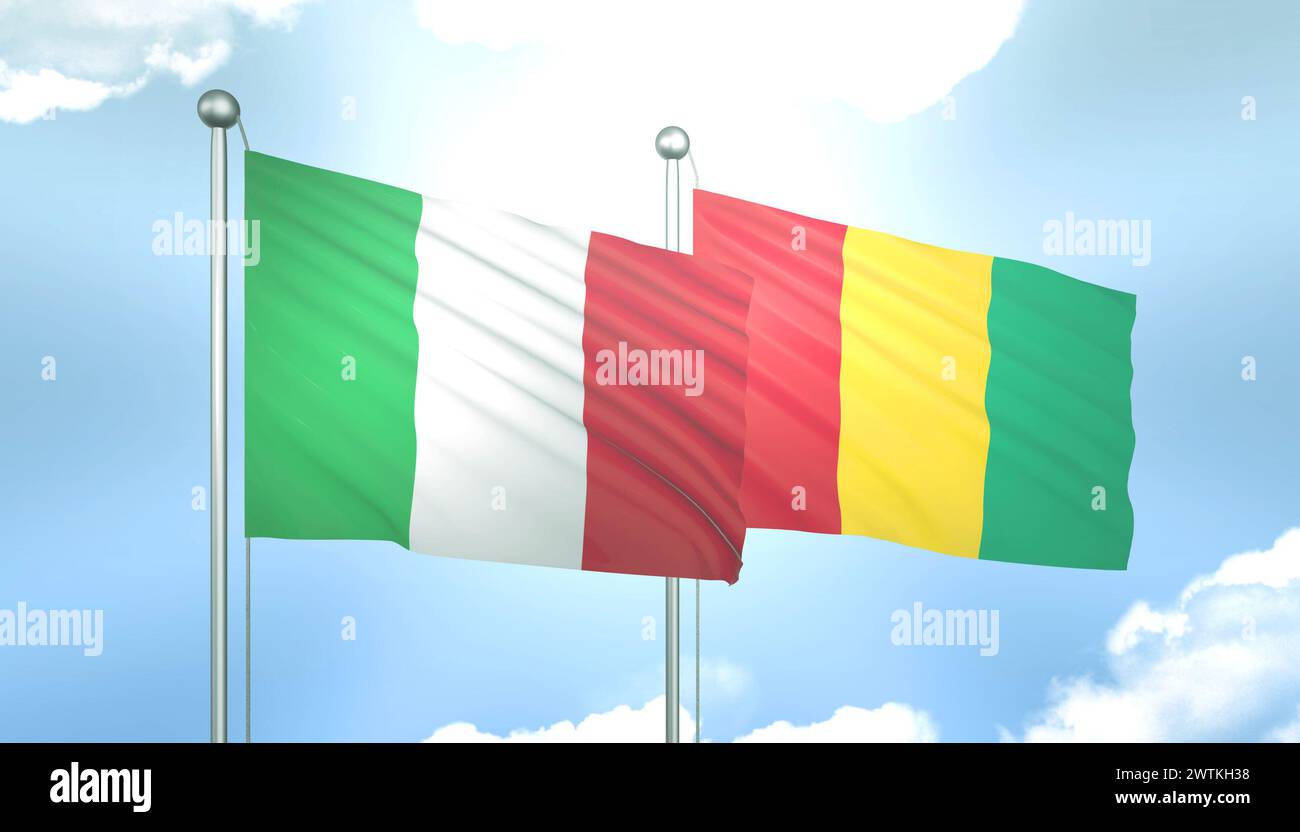 3D Flag of Italy and Guinea on Blue Sky with Sun Shine Stock Photo