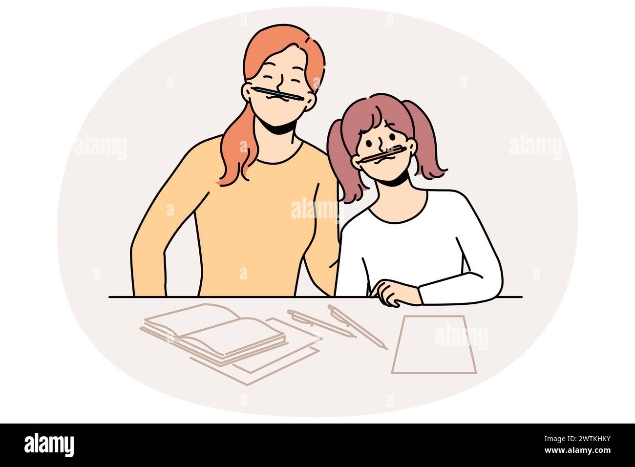 Smiling mother and daughter have fun doing homework together at home. Happy mom and girl child feel playful studying for school. Vector illustration. Stock Vector
