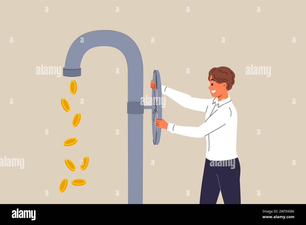 Cash flow for investor who opens tap with coins instead of water, obtained through investments Stock Vector
