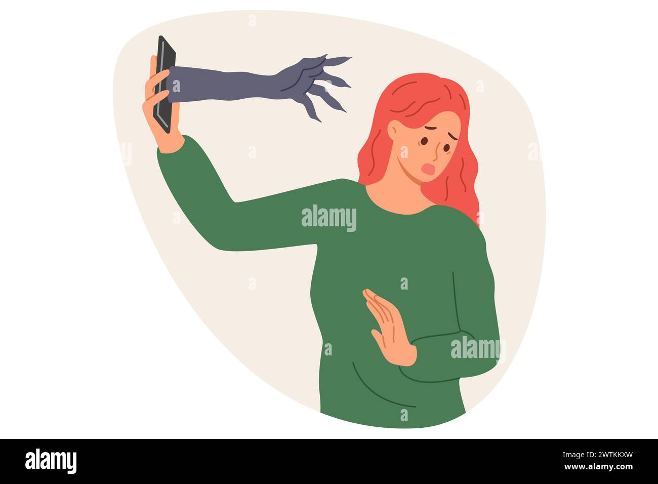 Woman frightened by horrors spreading through phone, turning away from hand crawling out device Stock Vector