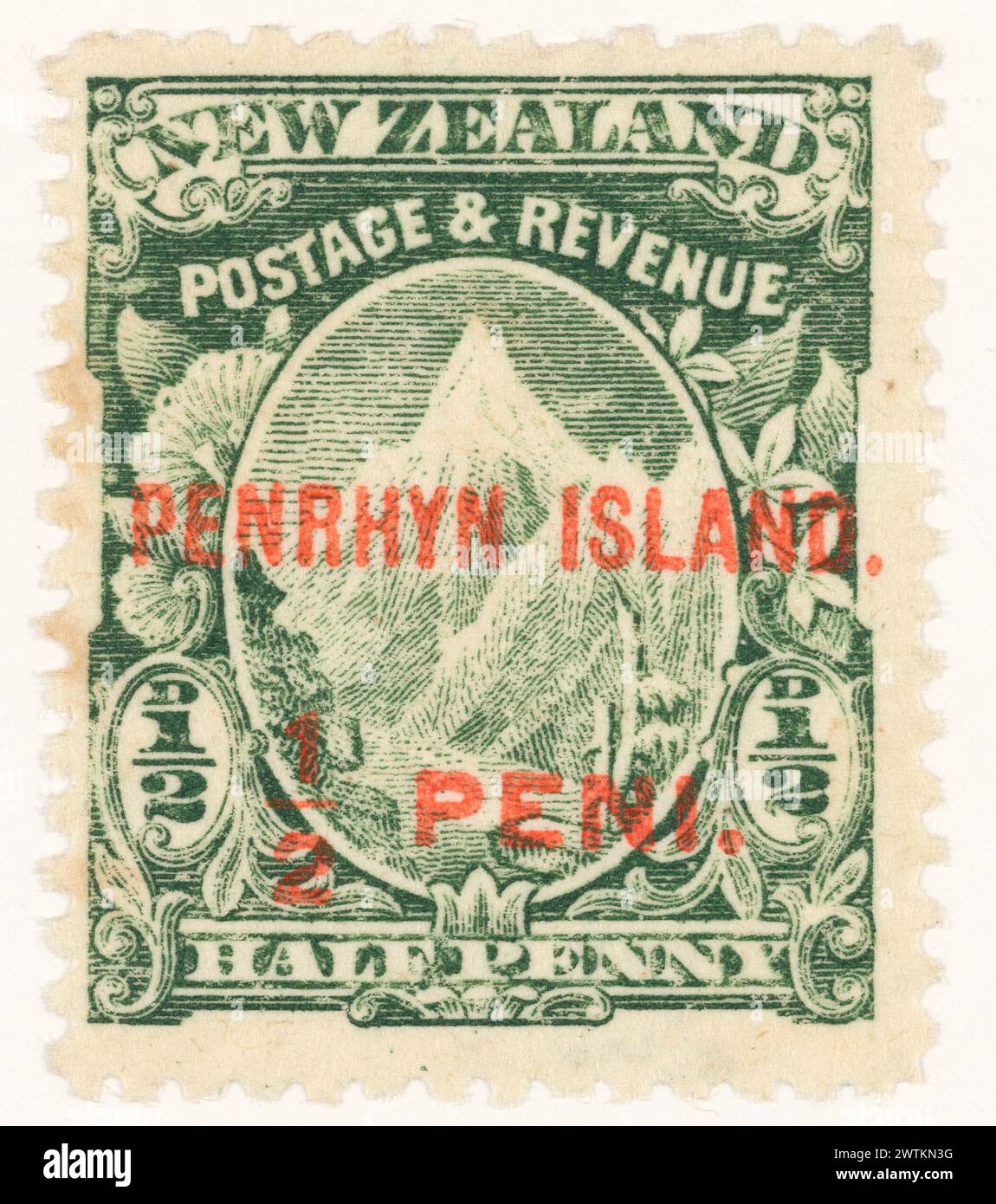 Issued Half penny 'Mount Cook' stamp in green overprinted with 'PENRHYN ...