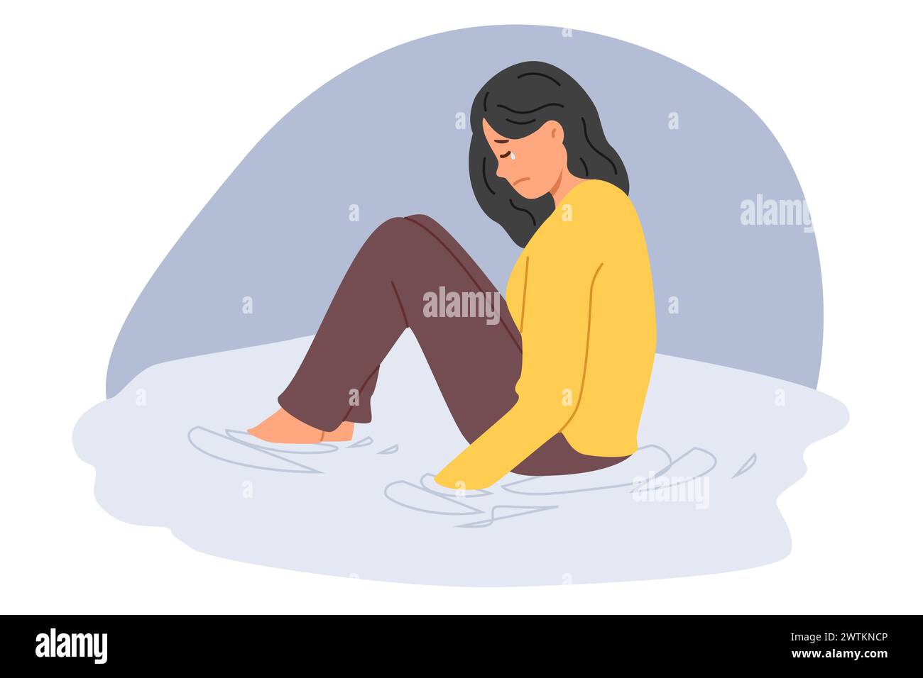 Crying woman sits in puddle of tears, suffering from depression after breaking up with boyfriend Stock Vector