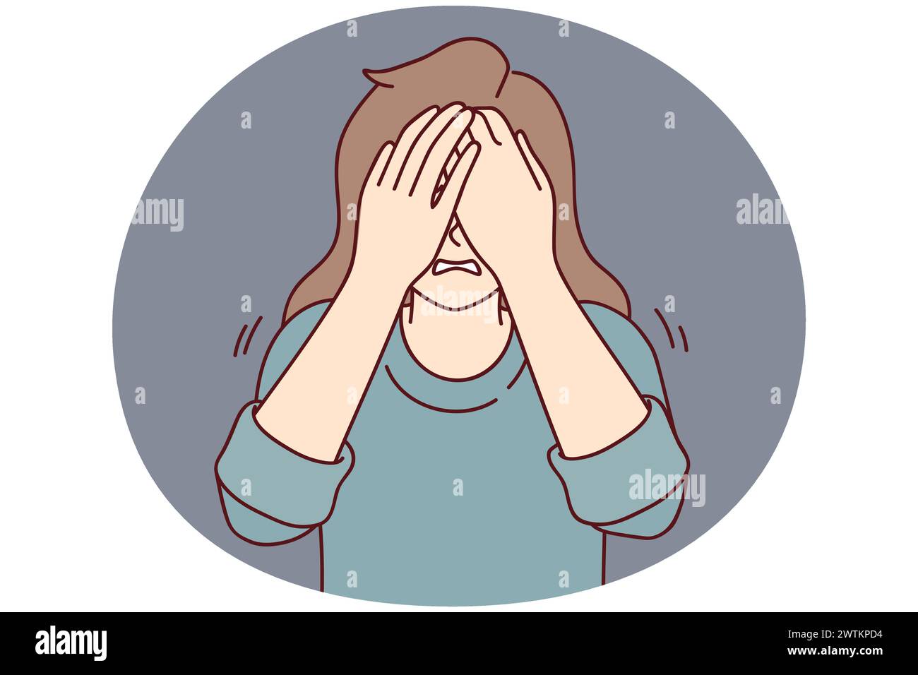 Depressed woman covers eyes with hands when she cries or sees something scary. Nervous girl experiencing stress and depression after breaking up with boyfriend or problems at work. Flat vector design Stock Vector