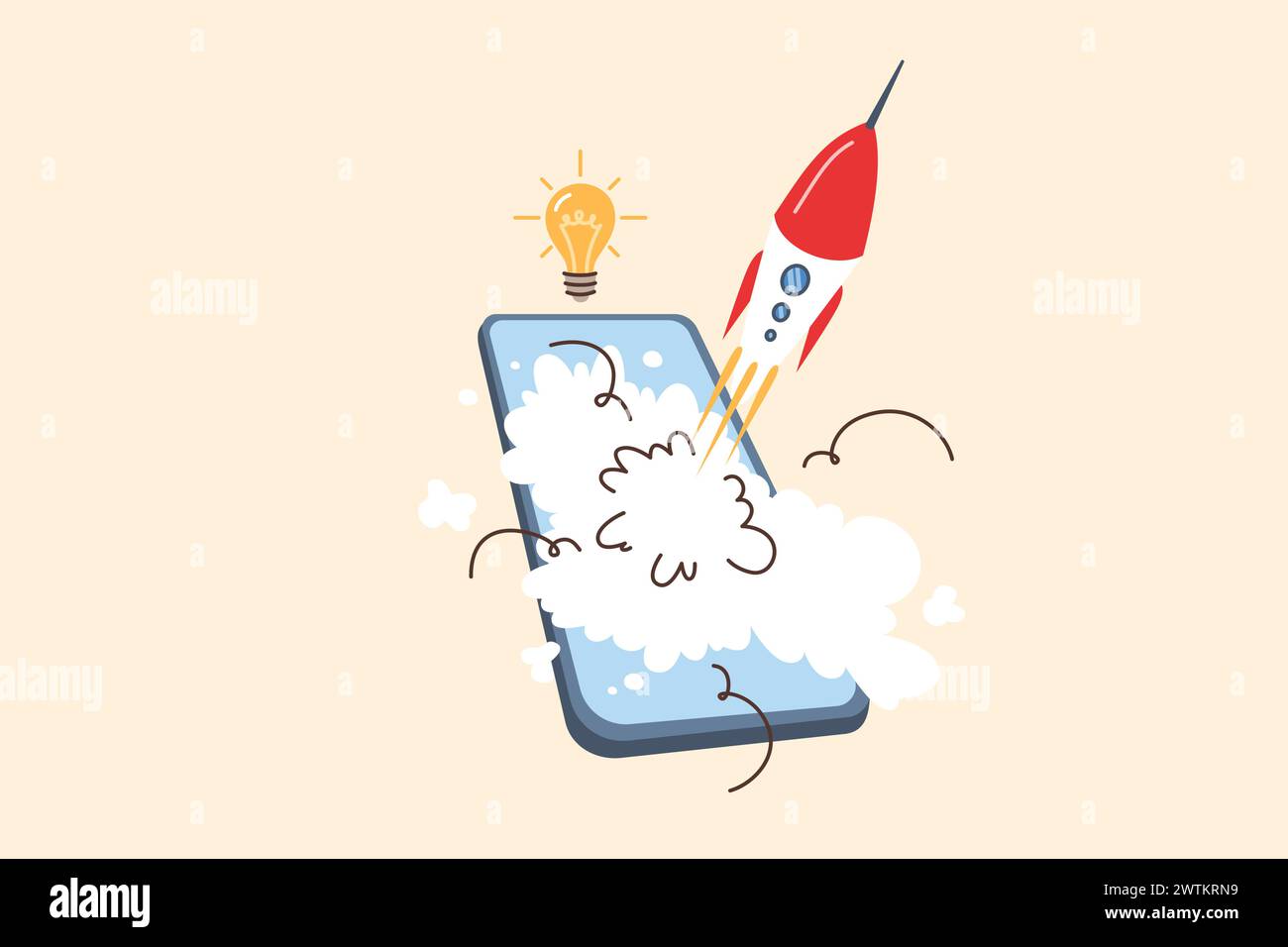 Mobile phone with rocket launch, metaphor for new startup with application for smartphone users Stock Vector
