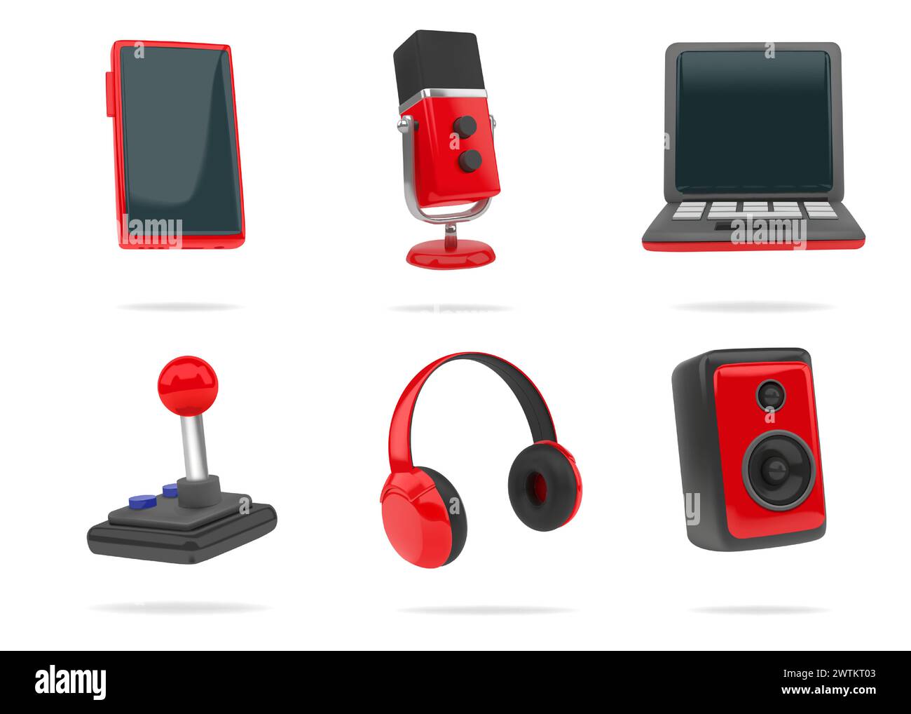 3d game icons. Phone computer technology, gadgets like laptop smartphone and headphones. Microphone and joystick. Electronic devices, audio entertainment. Vector render red and black isolated set Stock Vector