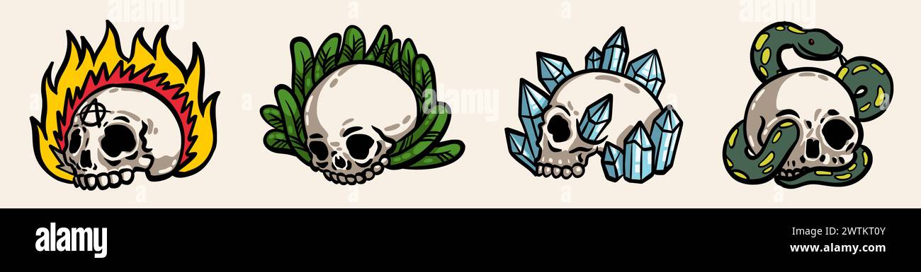 Skull faces. Skeleton flower spooky doodle drawing, art print or logo of vintage head sticker, tattoo silhouette. Fire, plant and snake background. Vector cartoon flat style isolated illustration set Stock Vector