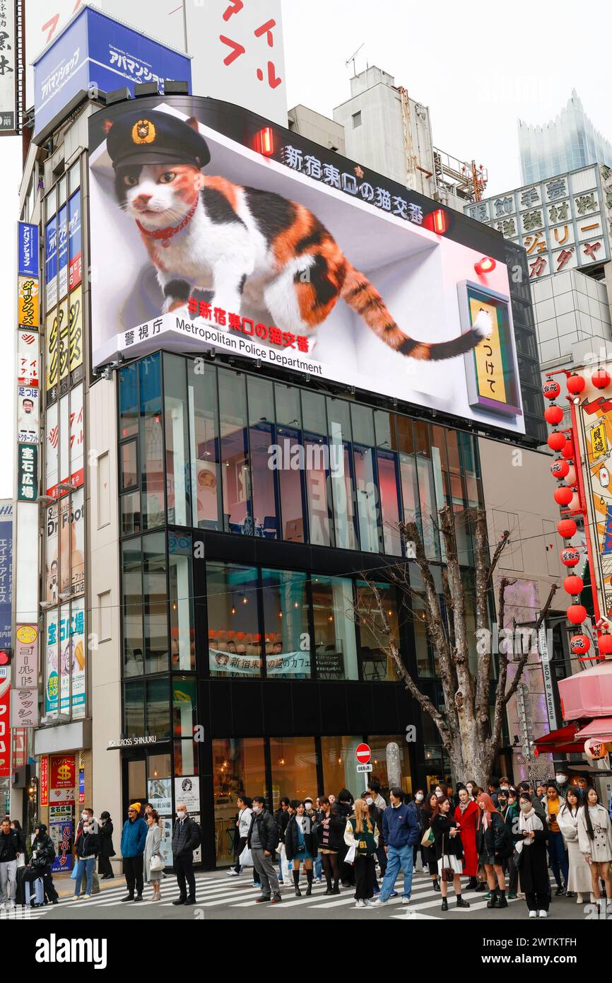 DIGITAL BILLBOARD OF REALISTIC GIANT 3D CAT AMAZES ONLOOKERS IN TOKYO Stock Photo