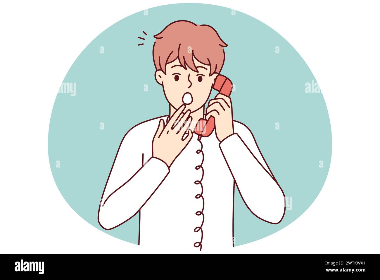 Frightened man holding telephone receiver near ear feel fear after telephone threats. Discouraged guy covers open mouth with hand after learning about college dropout. Flat vector illustration Stock Vector