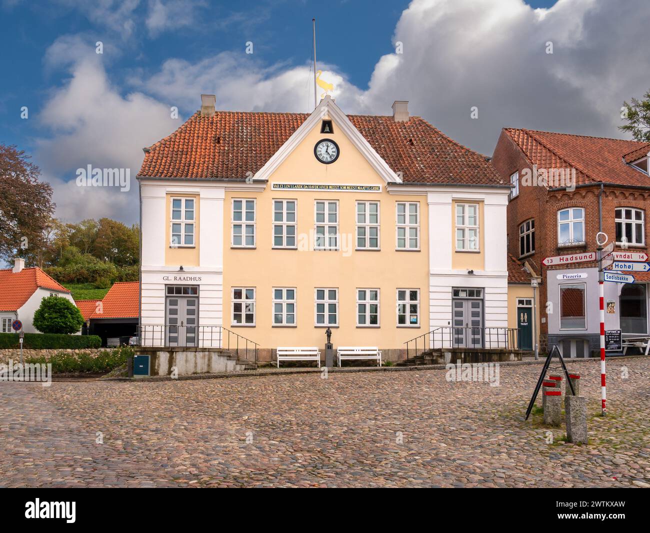 Former town hall on cobblestoned Torvet square in old town of Mariager, Nordjylland, Denmark Stock Photo
