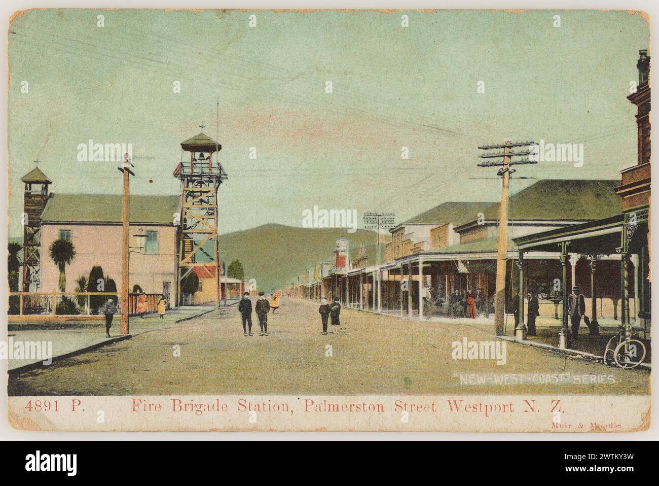 Fire Brigade Station, Palmerston Street, Westport, New Zealand photographic postcards Stock Photo