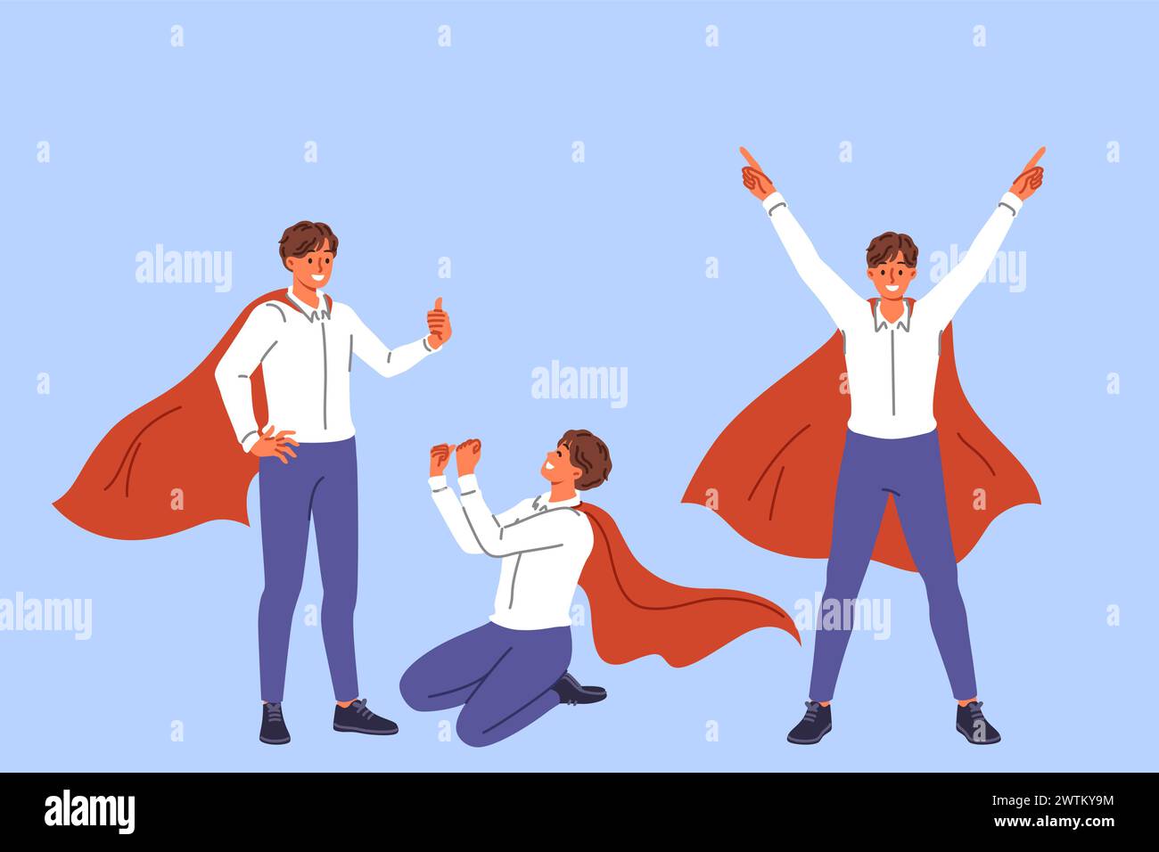Business man in superhero cape rejoices in victory, taking different poses and making joy gestures Stock Vector