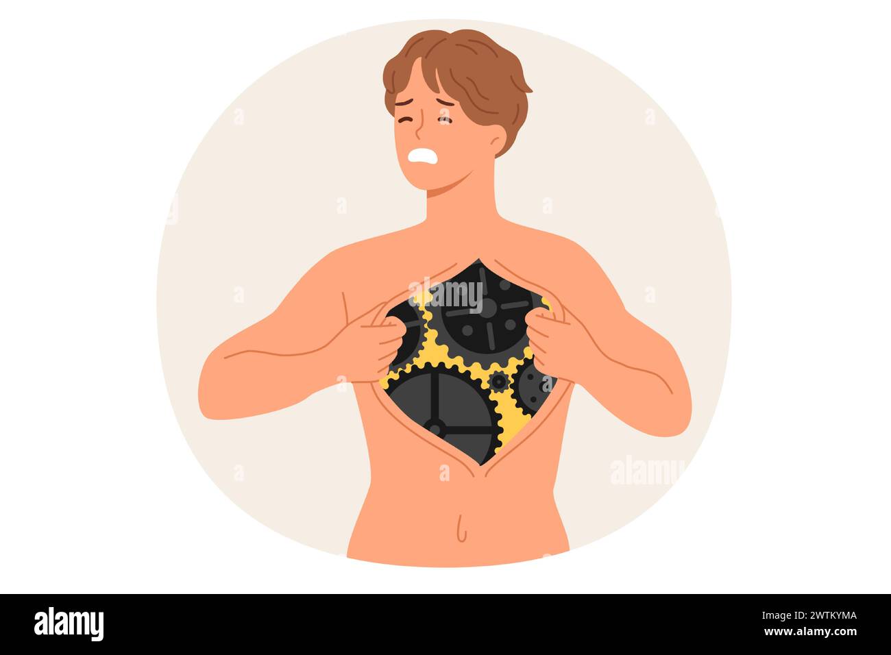 Man cyborg tears skin on chest cage, demonstrating robotic mechanism instead of organs Stock Vector