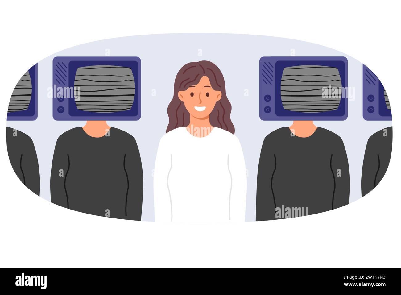 Woman stands among people with TV instead of head, rejoicing in inability to respond to propaganda Stock Vector