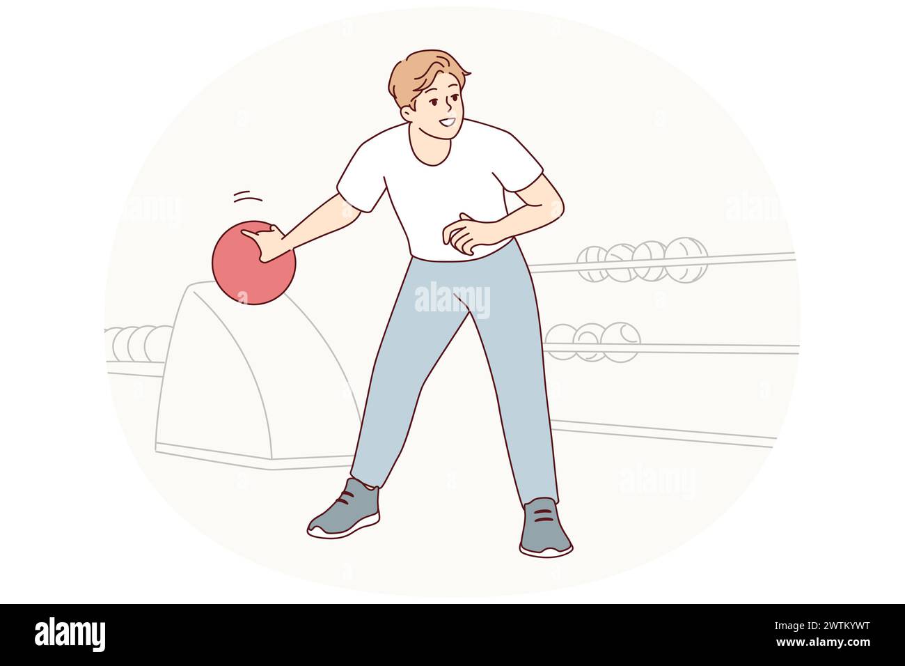 Man playing bowling swings hand to make great throw and knock down all pins. Guy with ball enjoys game of bowling competing with friends during Friday break after work. Flat vector design Stock Vector