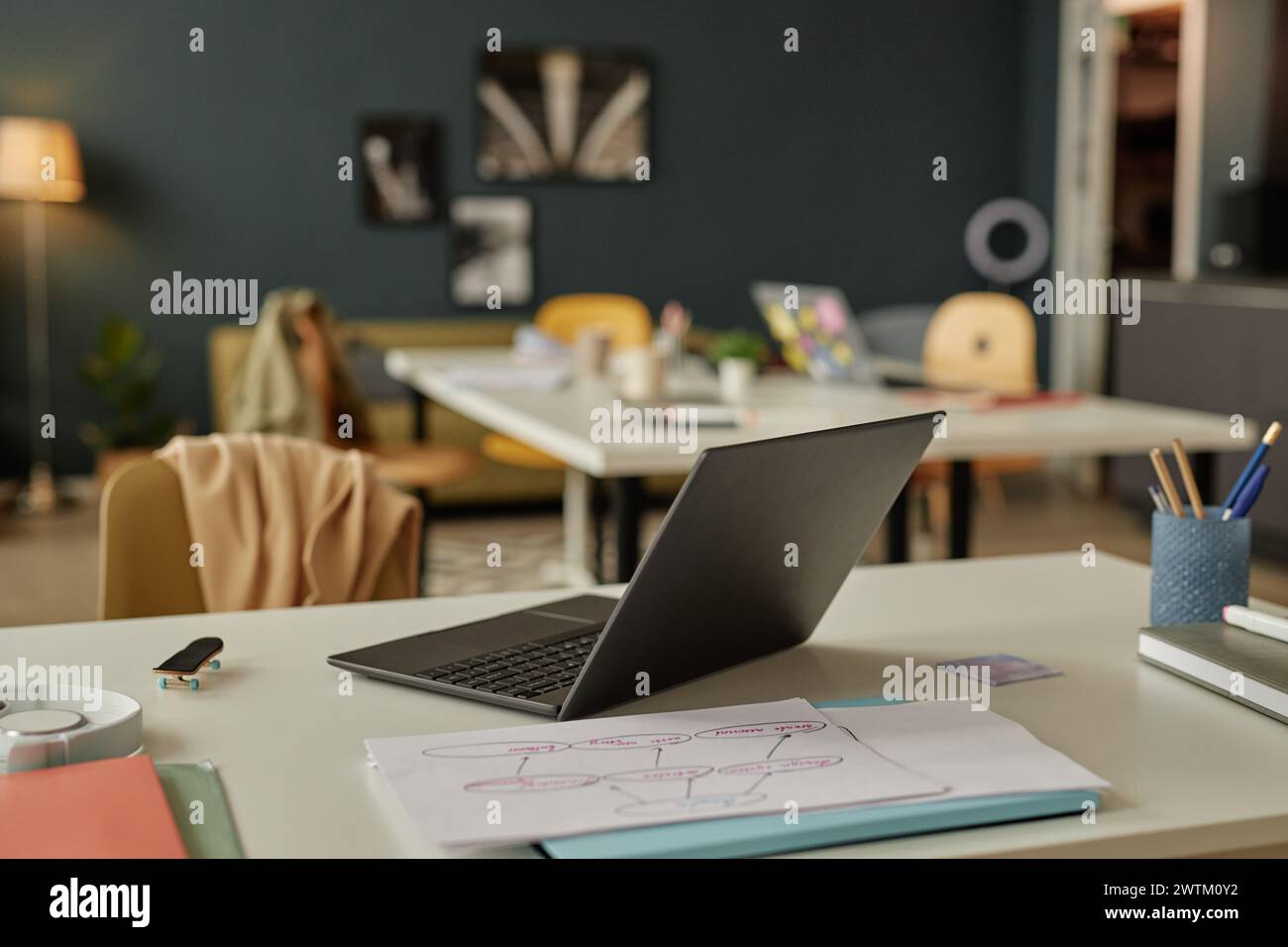 Background image of laptop computer at empty workplace desk with no ...