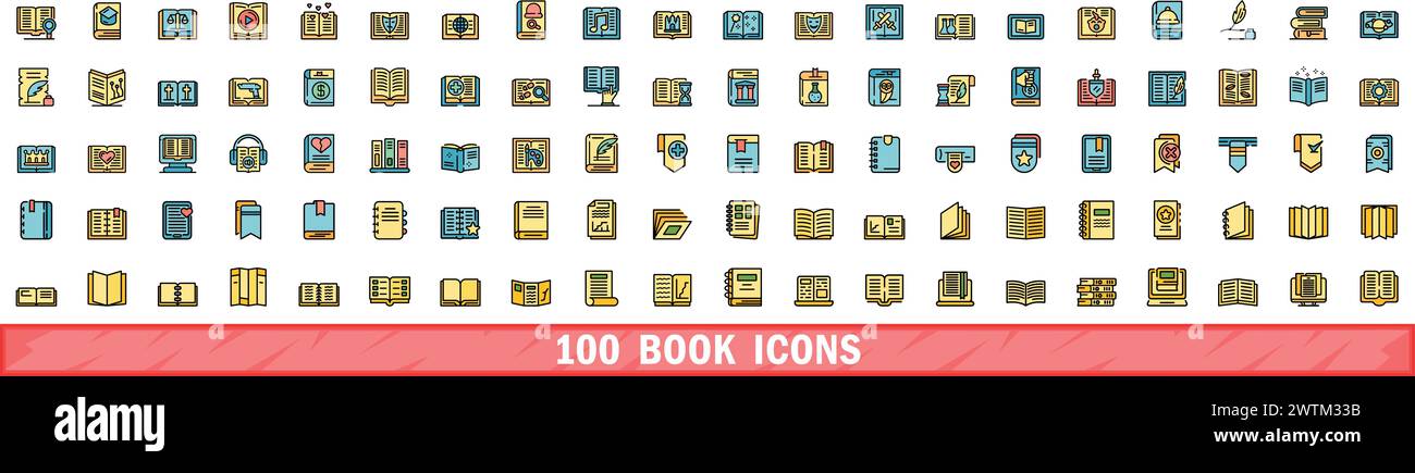 100 book icons set. Color line set of book vector icons thin line color flat on white Stock Vector