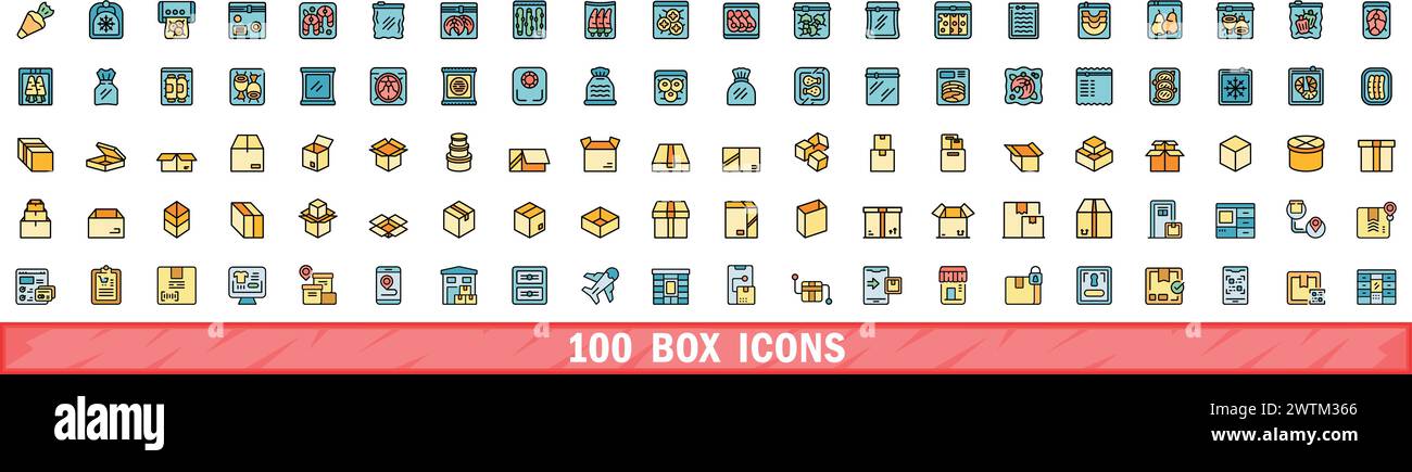 100 box icons set. Color line set of box vector icons thin line color ...