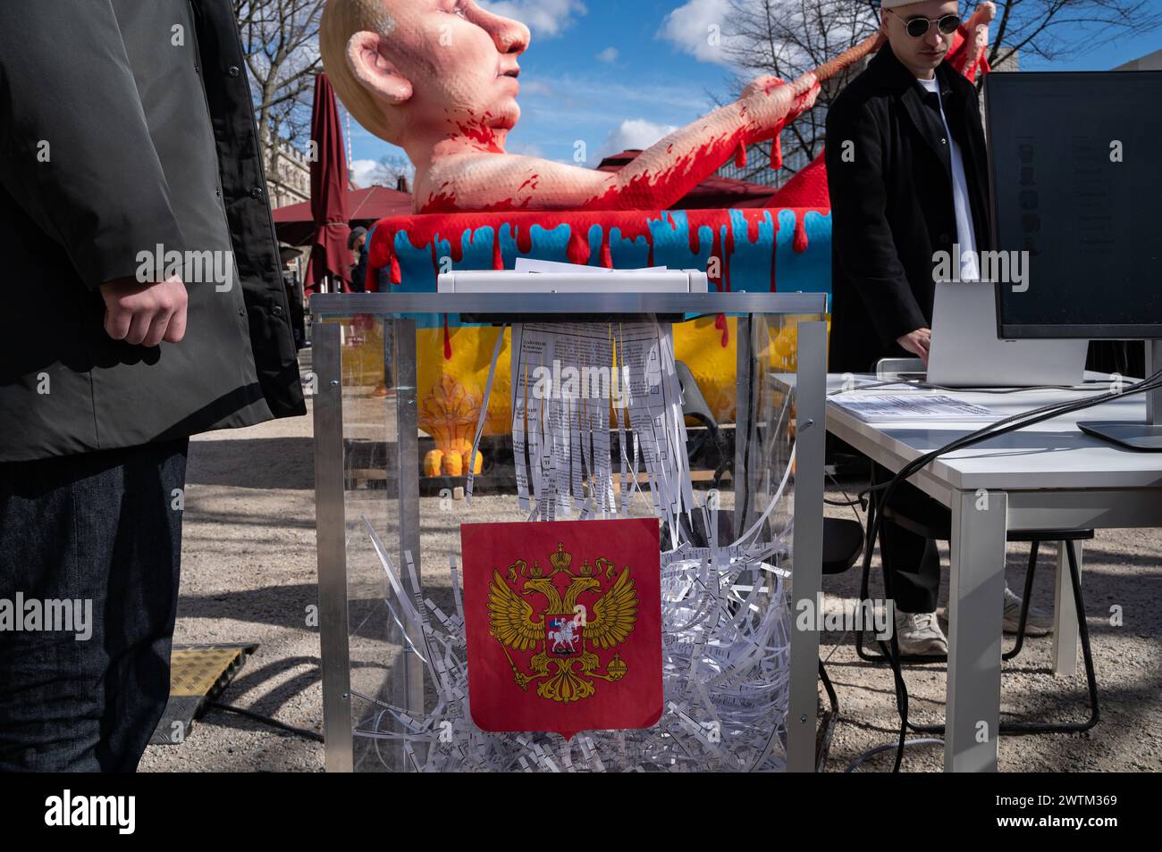 17.03.2024, Berlin, Germany, Europe - Thousands of people protest against Russian President Putin and the war against Ukraine opposite Russian embassy. Stock Photo