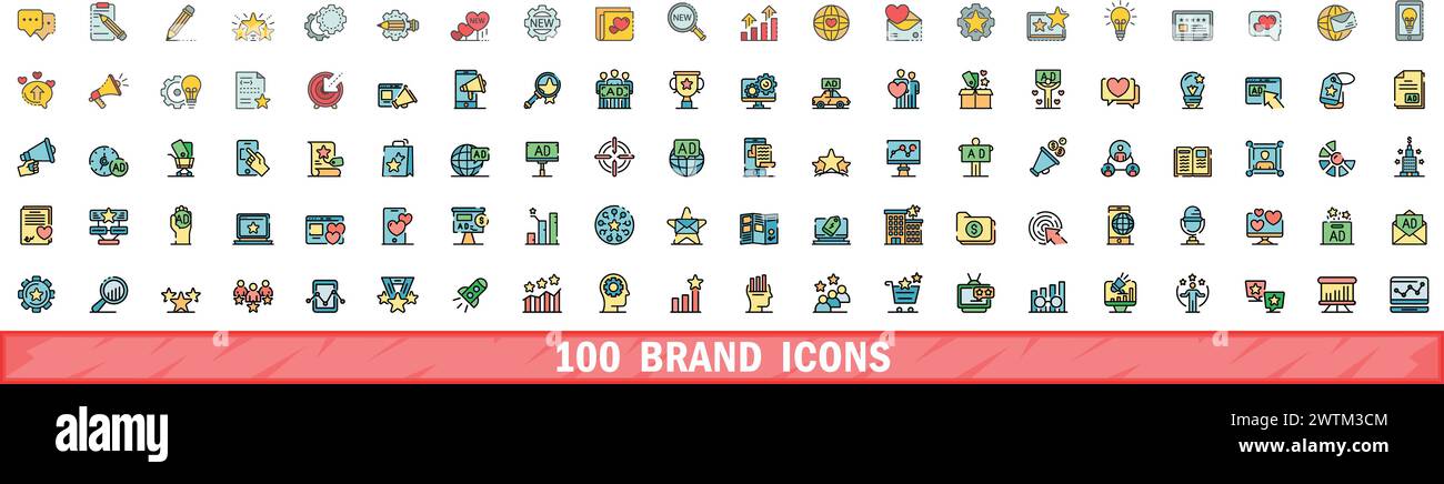 100 brand icons set. Color line set of brand vector icons thin line ...