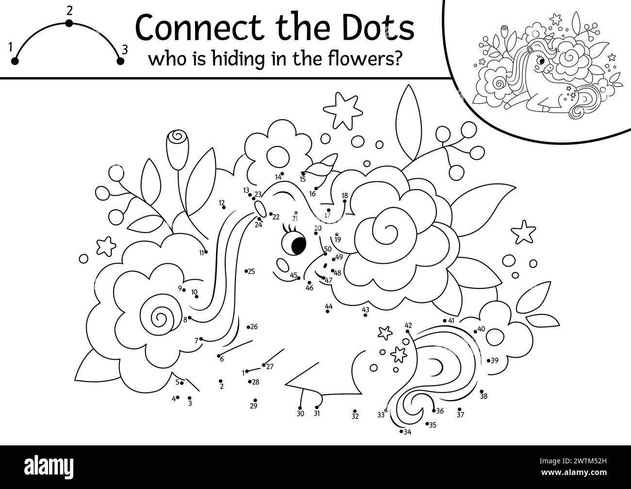 Vector dot-to-dot and color activity with unicorn hiding in flowers ...