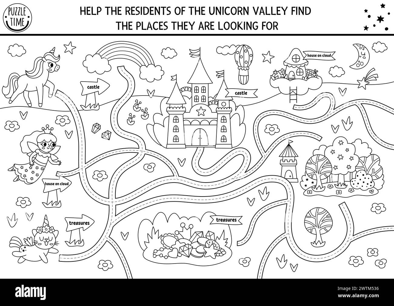 Vector handwriting and maze worksheet with unicorn, fairy, cat looking for their homes. Fantasy printable black and white tracing activity for kids. M Stock Vector