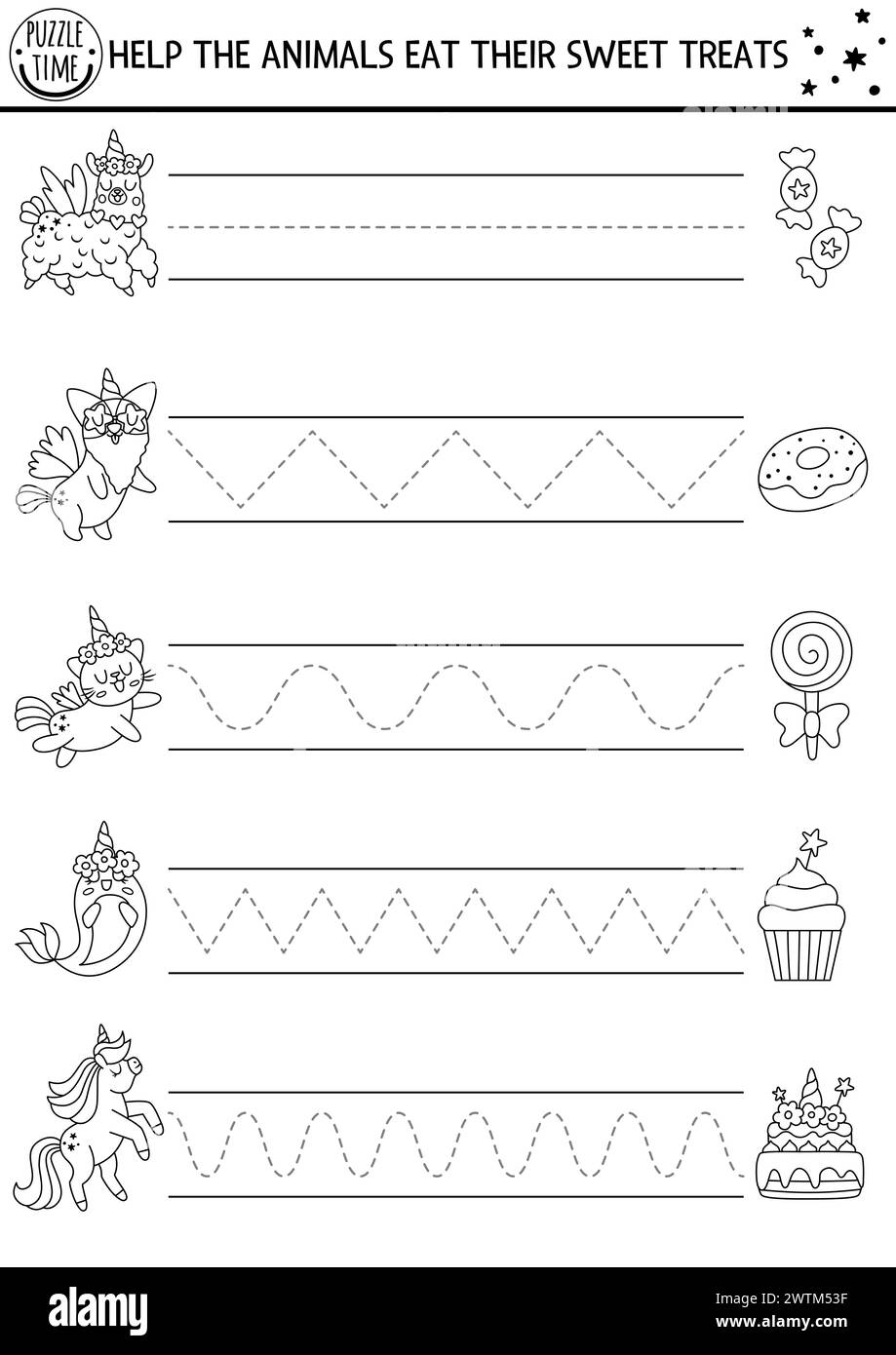 Vector handwriting practice worksheet with unicorn, llama, cat and