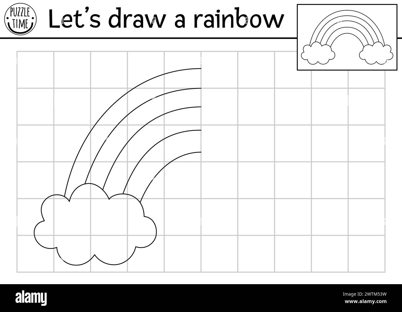 Complete the rainbow with clouds. Vector unicorn symmetrical drawing practice worksheet. Printable fairytale black and white activity for kids. Magic Stock Vector
