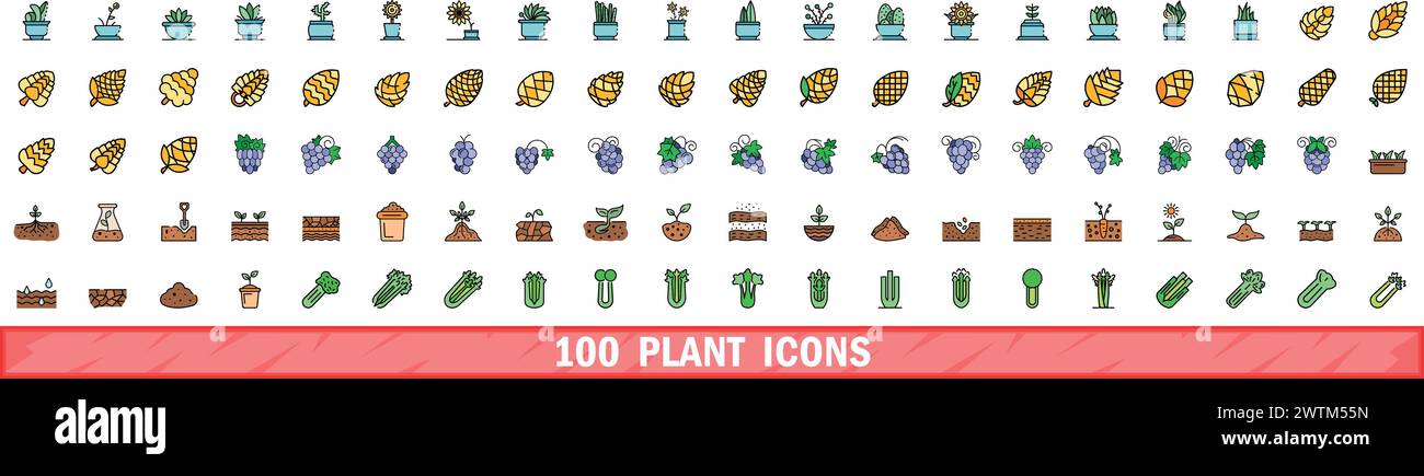 100 plant icons set. Color line set of plant vector icons thin line color flat on white Stock Vector