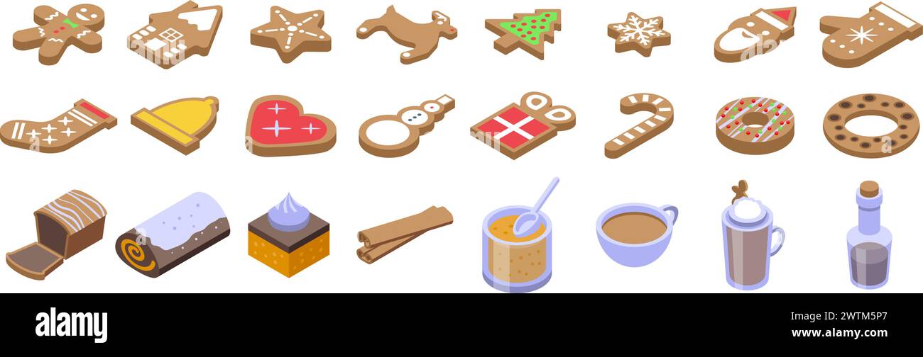 Homemade gingerbread icons set isometric vector. Cookie winter shape ...