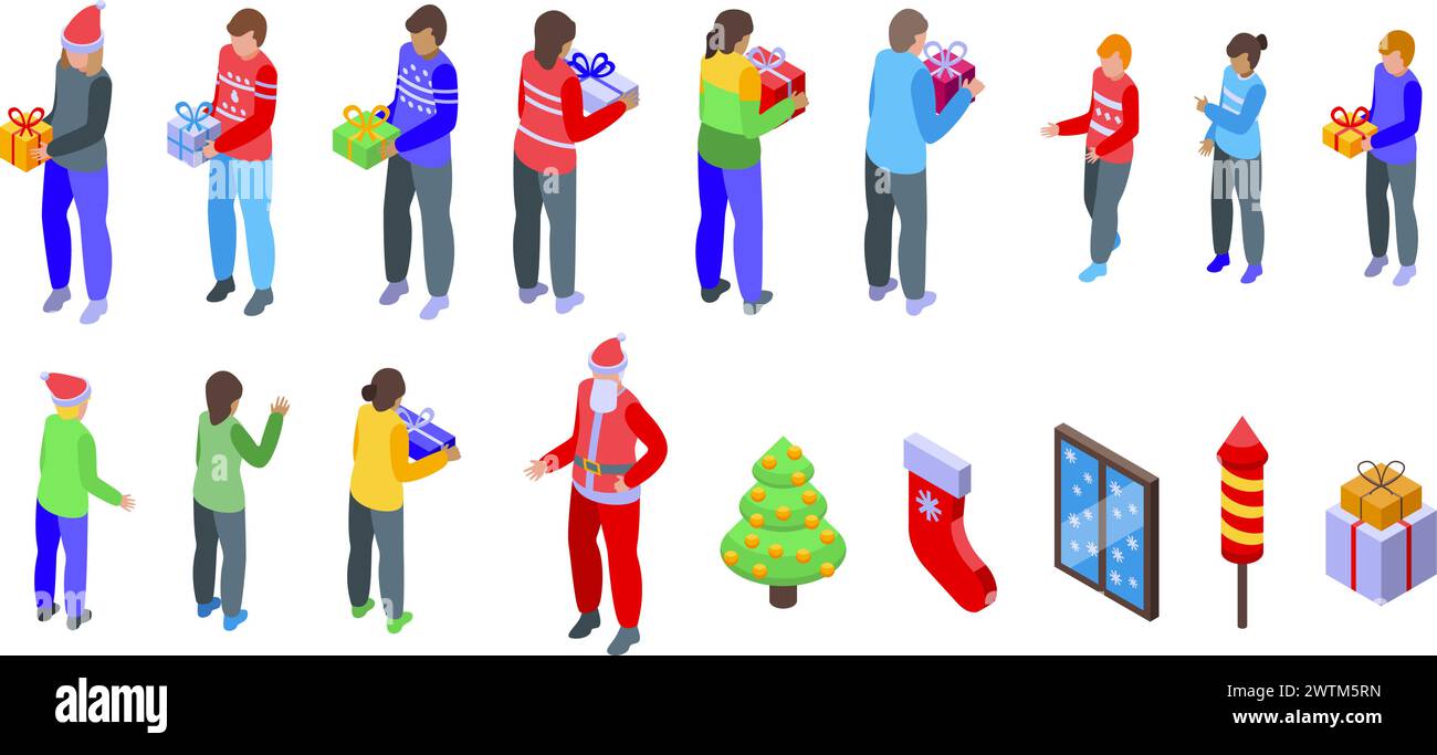 People give christmas presents icons set isometric vector. Celebrate holiday. Winter new year Stock Vector