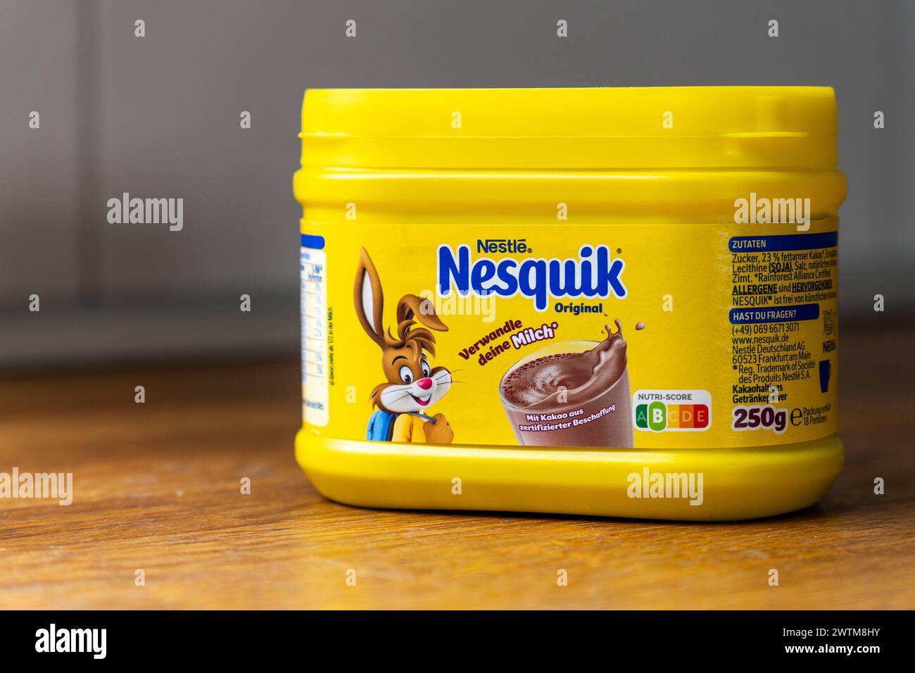 Bavaria, Germany - March 17, 2024: Nestle Nesquick cocoa powder for milk *** Nestle Nesquick Kakao Pulver für Milch Stock Photo