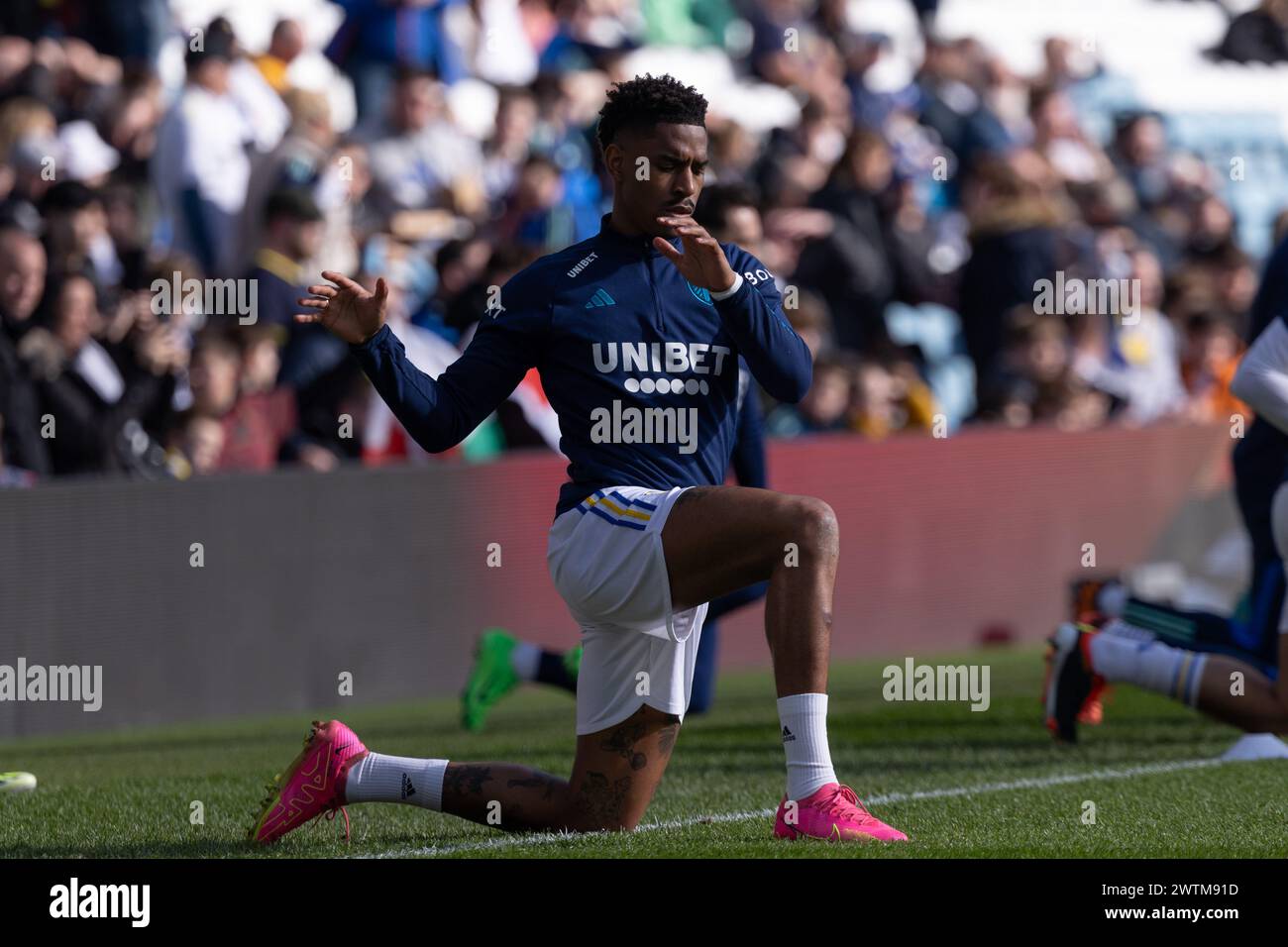 Junior Firpo (Leeds United) warms up before the Sky Bet Championship match between Leeds United and Millwall at Elland Road, Leeds on Sunday 17th March 2024. (Photo: Pat Scaasi | MI News) Credit: MI News & Sport /Alamy Live News Stock Photo