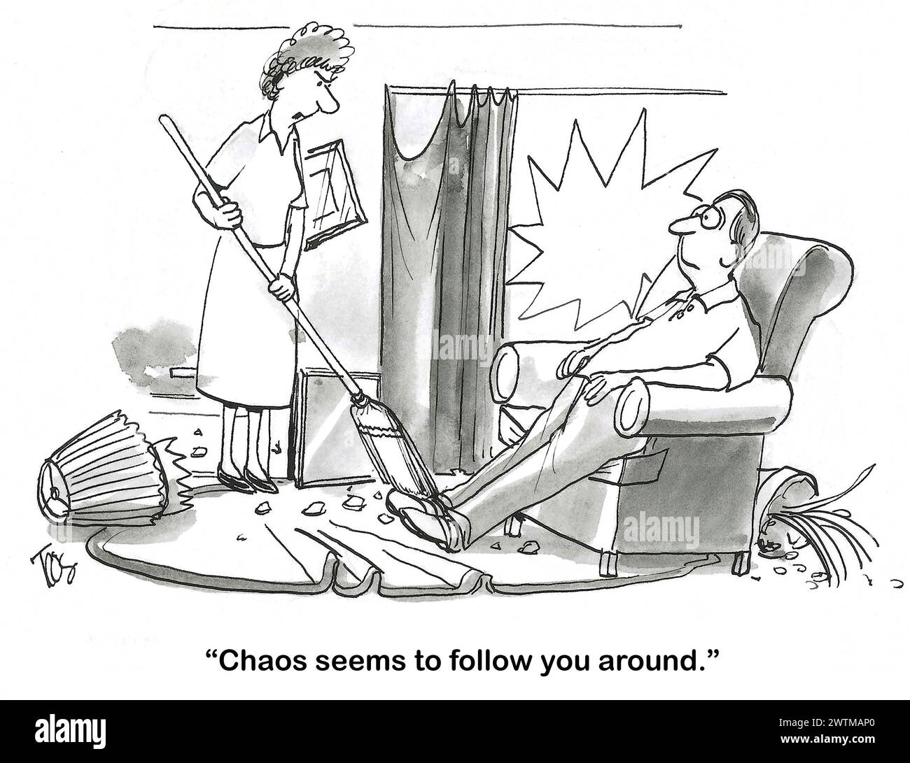 BW cartoon of a chaotic home scene.  The wife is sweeping up debris around the husband, chaos follows him around. Stock Photo