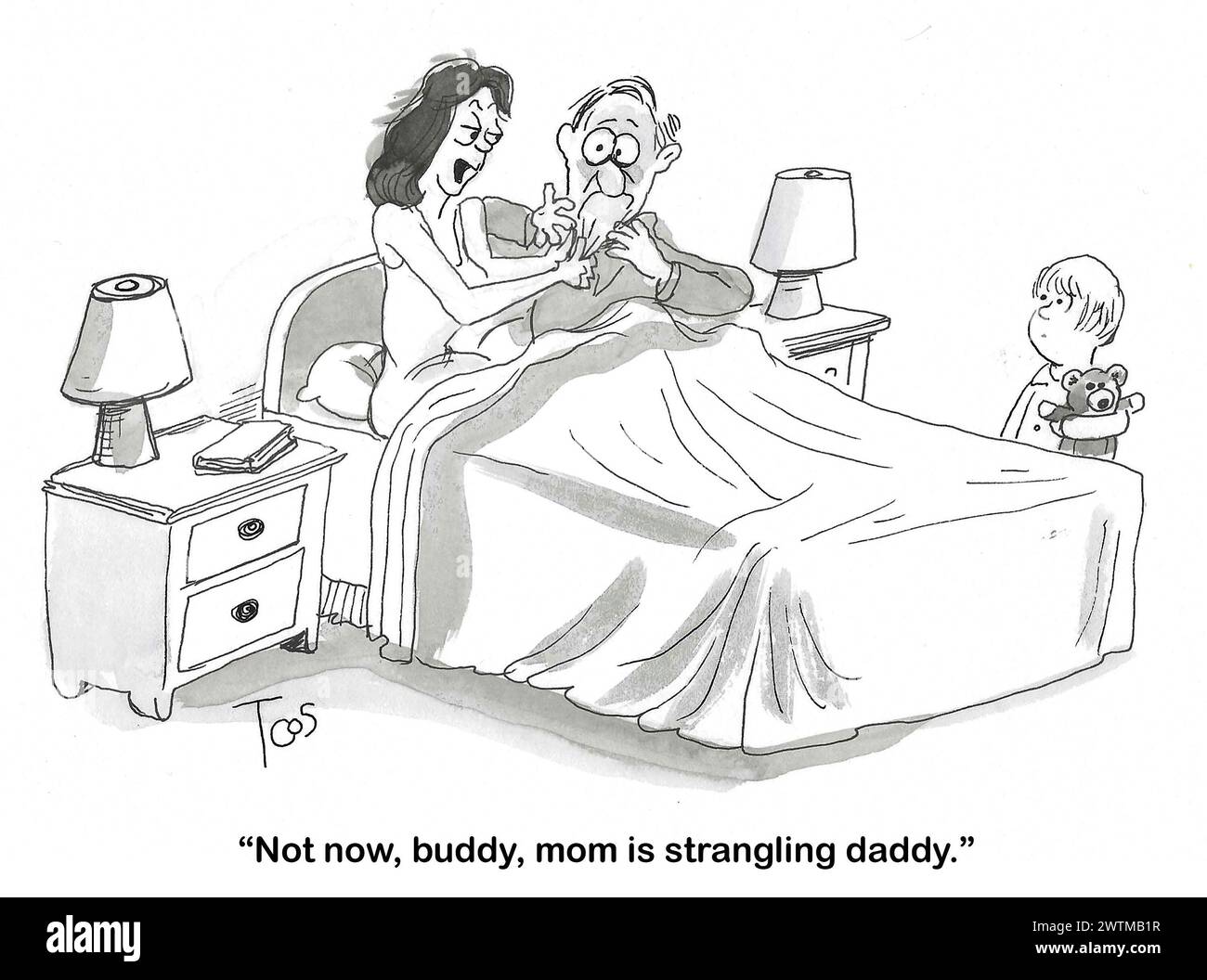 BW cartoon of Mom mad at Dad as their son looks on. Stock Photo