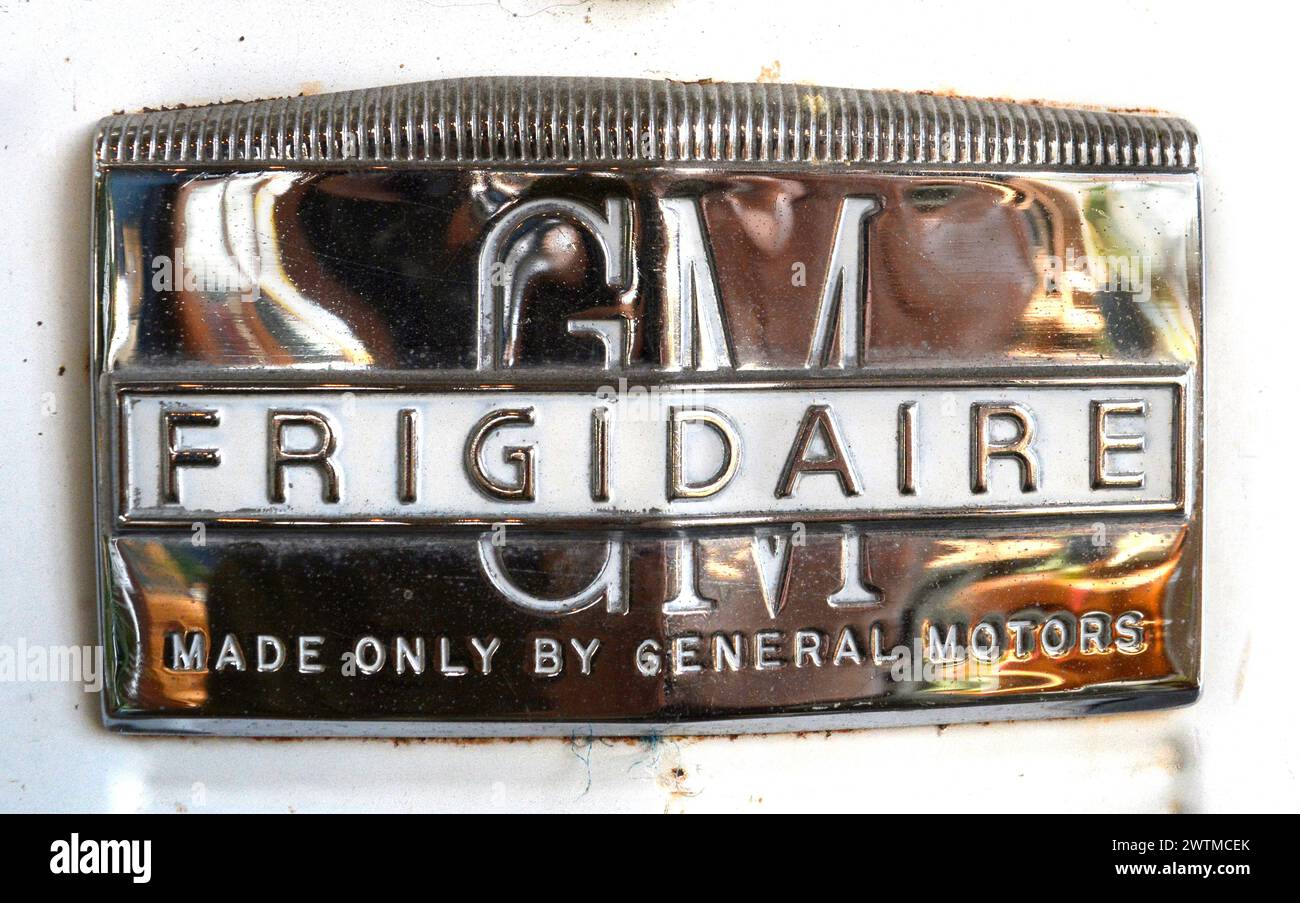 Nameplate on a 1950s Frigidaire refrigerator, made by General Motors, in an American antique shop. Stock Photo