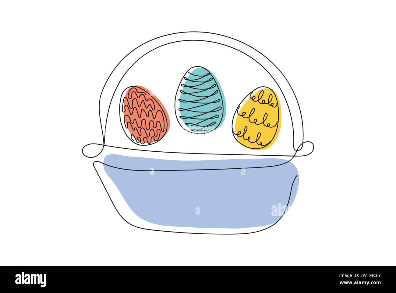 Wicker basket with colorful Easter eggs. Continuous one line drawing ...