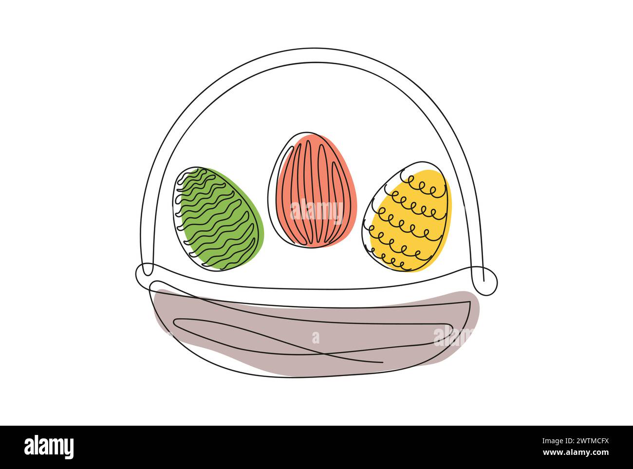 Wicker basket with colorful Easter eggs. Continuous one line drawing ...