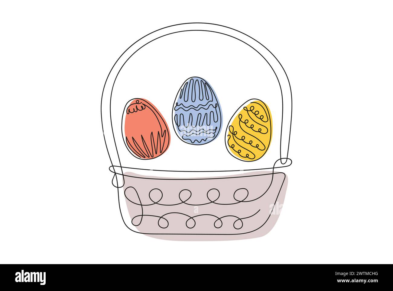 Wicker basket with colorful Easter eggs. Continuous one line drawing ...