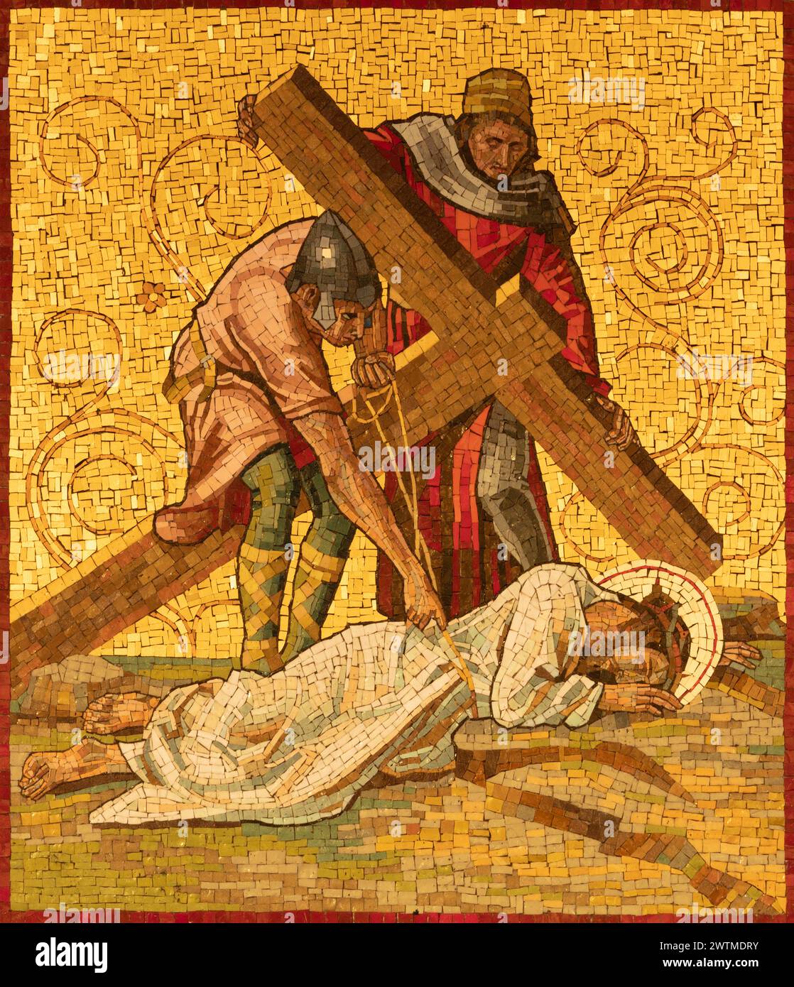 MILAN, ITALY - MARCH 4, 2024: The mosaic Fall of Jesus under the cross as part of Cross way station in the church Chiesa di San Agostino Stock Photo