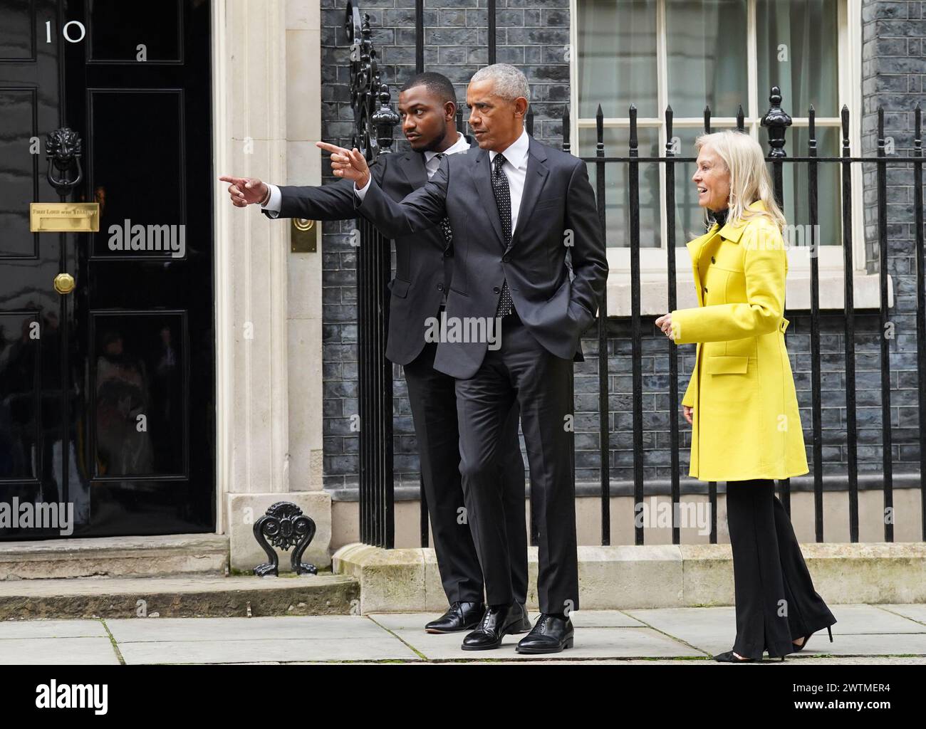 Former US president Barack Obama (centre) with United States ambassador to the United Kingdom Jane Hartley, leave following a meeting at 10 Downing Street, London. Picture date: Monday March 18, 2024. See PA story POLITICS Obama. Photo credit should read: Stefan Rousseau/PA Wire Stock Photo