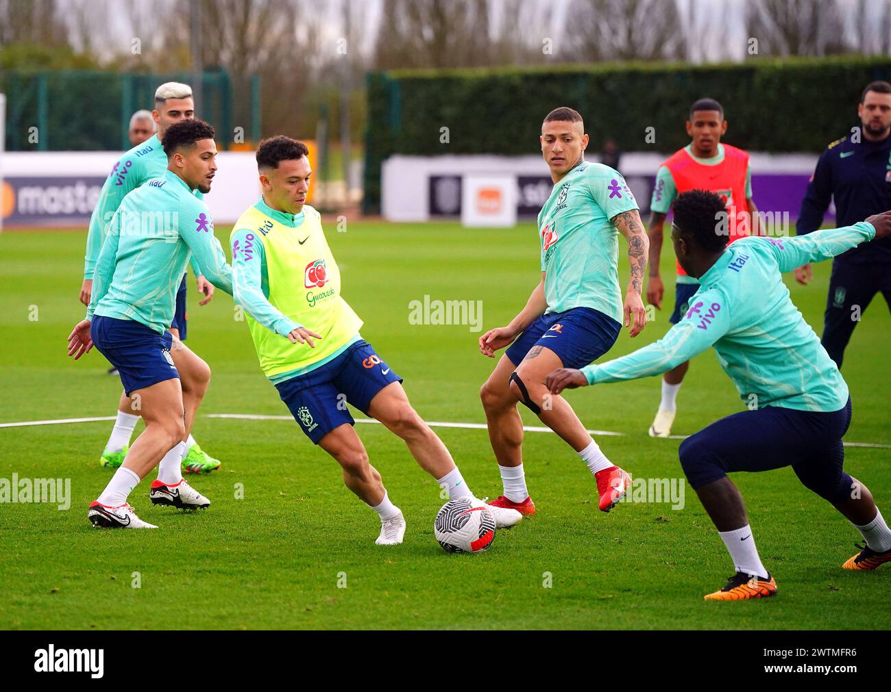 Brazil players including Richarlison (centre right) during a training session at the Sobha Realty Training Centre, London. Picture date: Monday March 18, 2024. Stock Photo