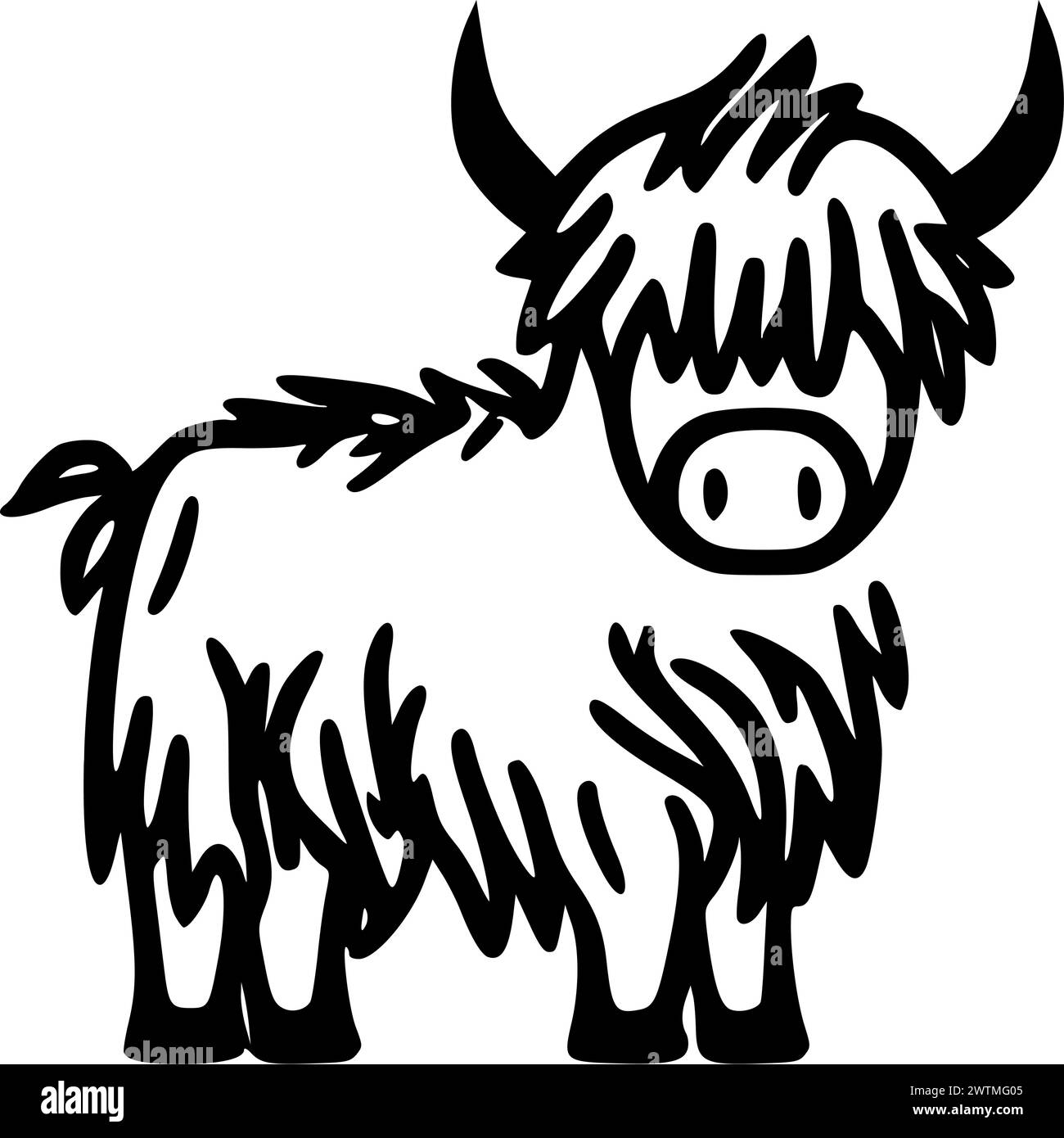Highland cow - black and white vector illustration Stock Vector Image