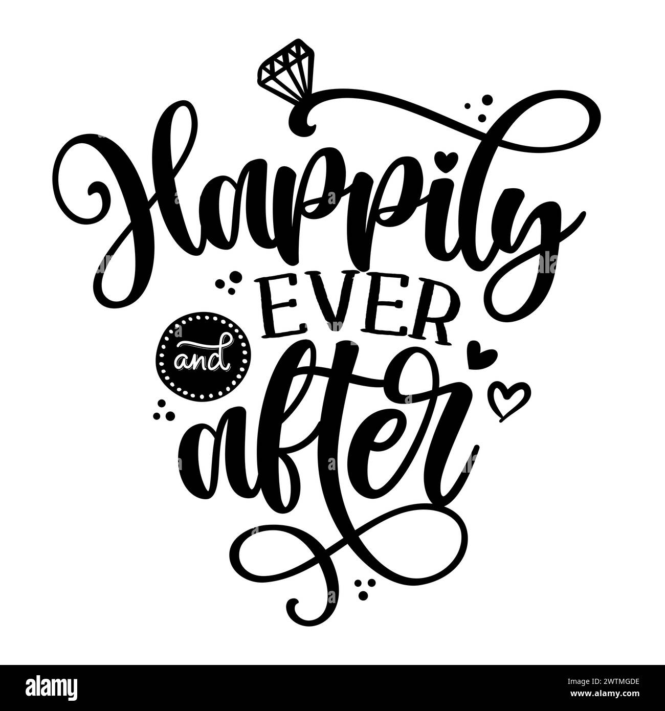 Happily ever and after - Black hand lettered quote with diamond ring for greeting card, gift tag, label, wedding sets. Groom and bride design. Bachelo Stock Vector